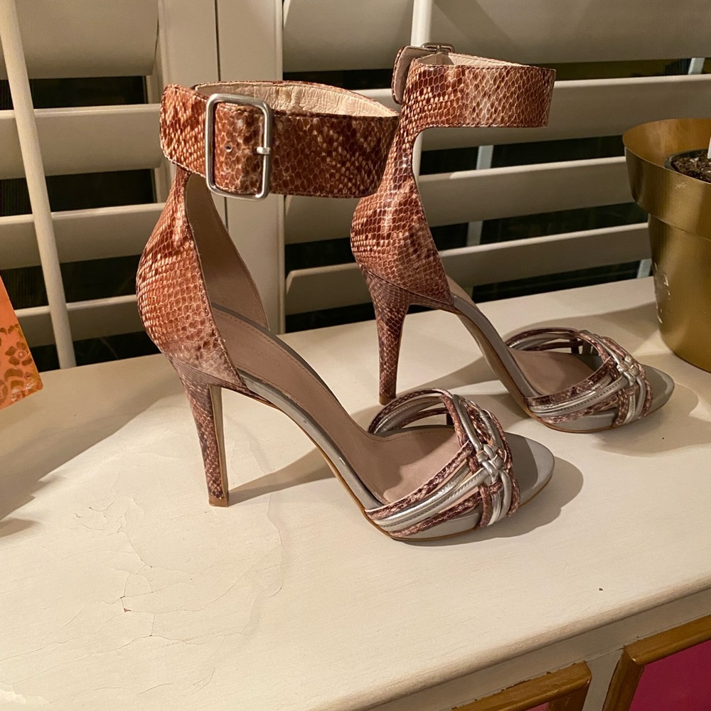 Joan and David heels with thick ankle strap. Silver and brown alligator look.